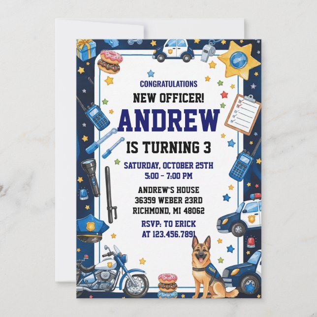 Invitation Personal Digital Police Officer Birthday Party (Devant)