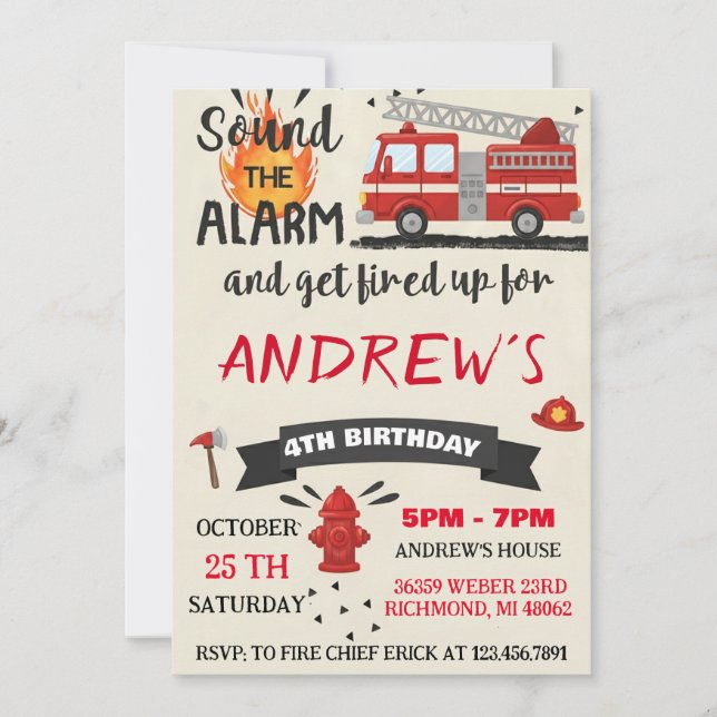 Invitation Personal Modern Firefighter Party Birthday For boy (Devant)