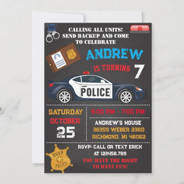 Invitation Personal Modern Kids' Police Theme Birthday  (Devant)