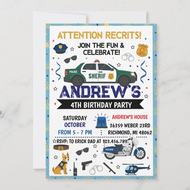 Invitation Personal Modern Sheriff Police Birthday party (Devant)
