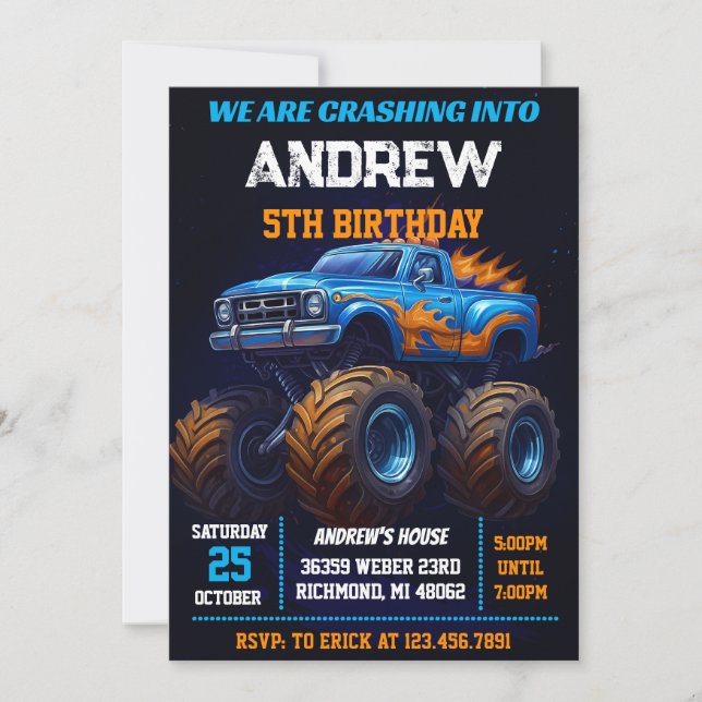 Invitation Personal Monster Truck Kids Party Birthday (Devant)