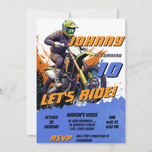 Invitation Personal Motocross Boy Motorbike fête d'anniversai (Devant)