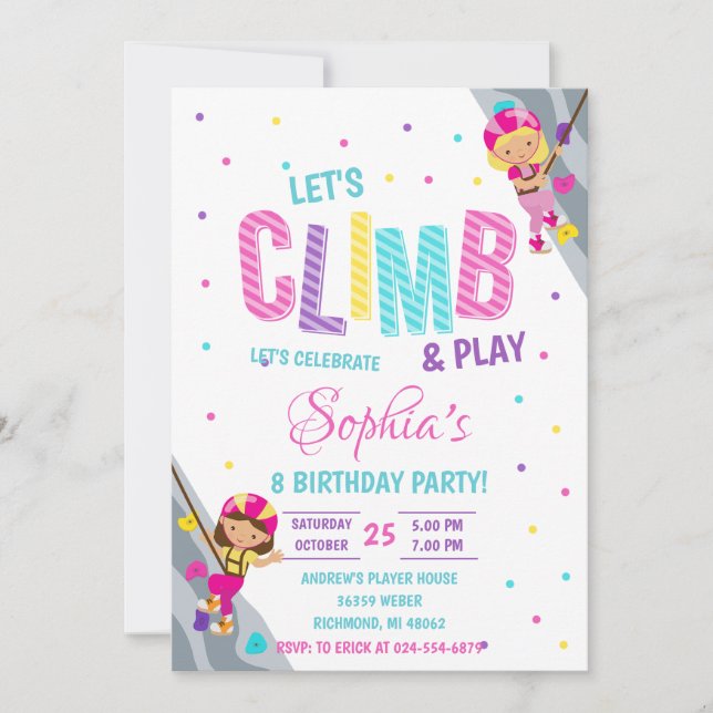 Invitation Personal Rock Girl Escalade fête d'anniversaire (Devant)