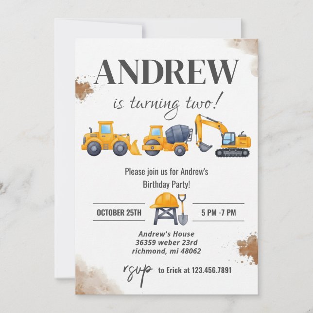 Invitation Personal Simple Modern Construction Birthday (Devant)