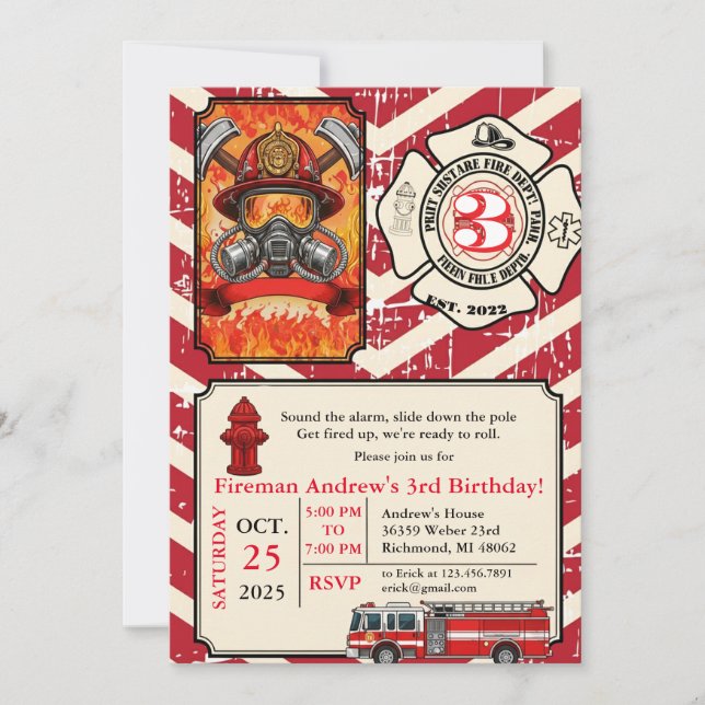 Invitation Personal Vintage Fireman Birthday with photo  (Devant)