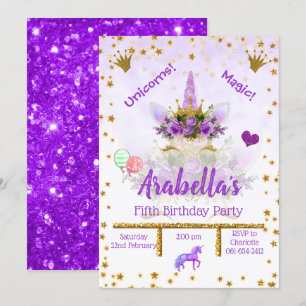 Invitation Personalisé Purple, Or Stars Unicorn Anniversaire