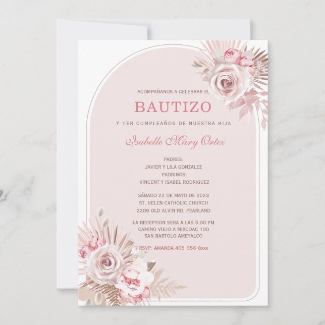 Invitation Personalizada de Bautizo para Niña con Flores Rosa (Devant)