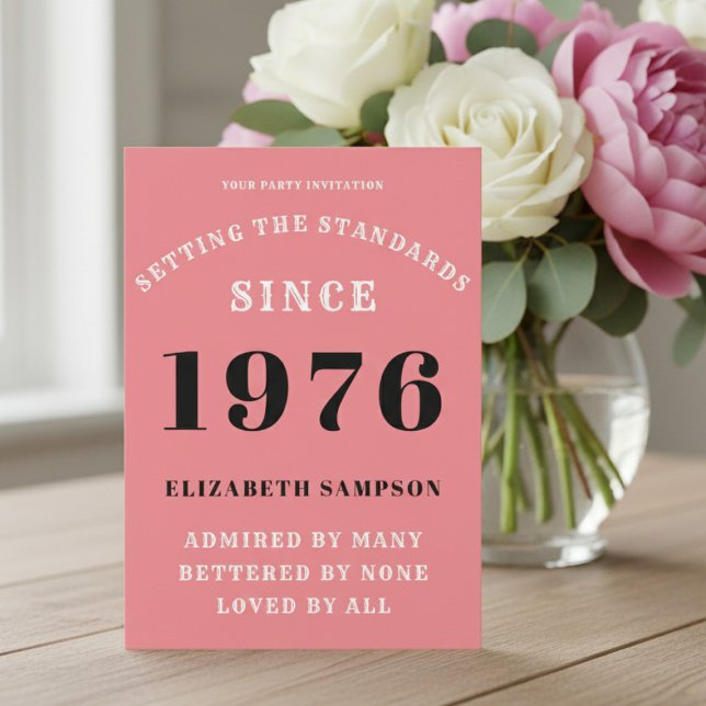 Invitation Personalized 50th Birthday 1976 Add Your Name Pink (1976 pink birthday invitation on a table with flowers.)