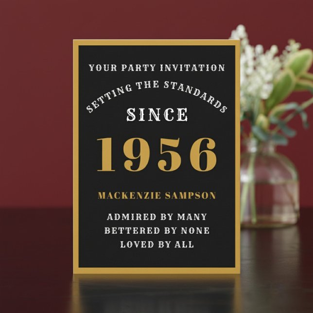 Invitation Personalized 70th Birthday 1956 Elegant Black Gold (1956 birthday invitation. Dark background.)