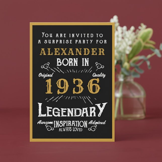 Invitation Personalized 90th Birthday 1936 Black Gold Legend (1936 birthday invitation. Red background.)