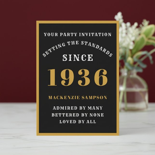 Invitation Personalized 90th Birthday 1936 Elegant Black Gold (1936 birthday invitation. Marble table top, red wall background.)
