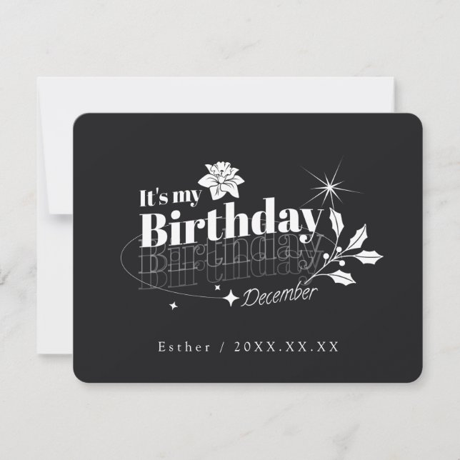Invitation Personalized Black Quote Floral December Birthday (Devant)
