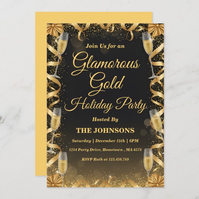 Invitation Personalized Elegant Gold Christmas Party (Devant / Derrière)