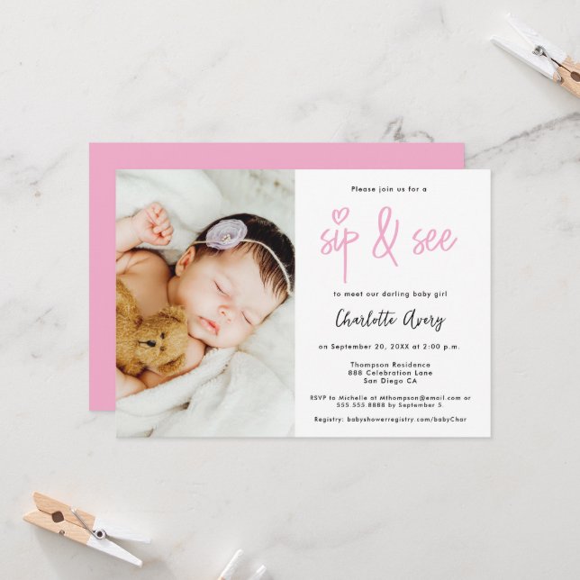 Invitation Personalized Photo Sip and See Baby Girl Shower (Devant/Arrière en situation)