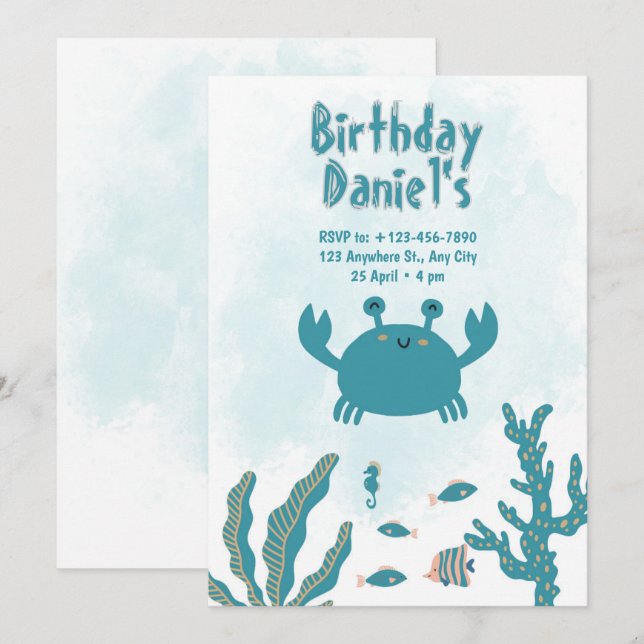 Invitation Personalized Under the Sea Crab Birthday Invitatio (Devant / Derrière)