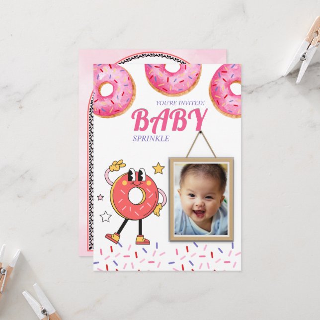 Invitation personnalisable Baby Sprinkle Donut Ros (Devant/Arrière en situation)