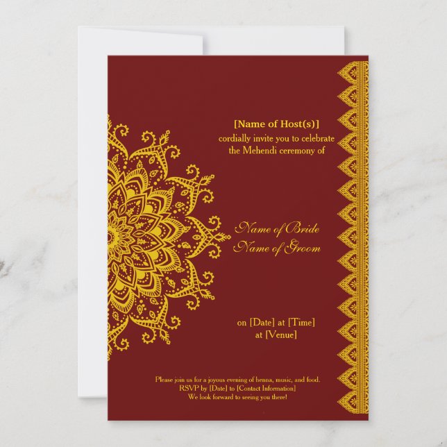 Invitation Personnalisable Gold Dark Red Mehendi Henna Indian (Devant)