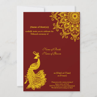 Invitation Personnalisable Gold Dark Red Mehendi Henna Indian
