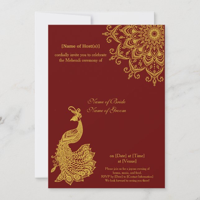 Invitation Personnalisable métal or foncé rouge Mehendi Indie (Devant)