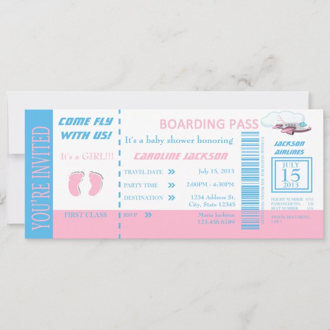 Invitation Personnalisable pour bébé Girl Flight I (Devant)