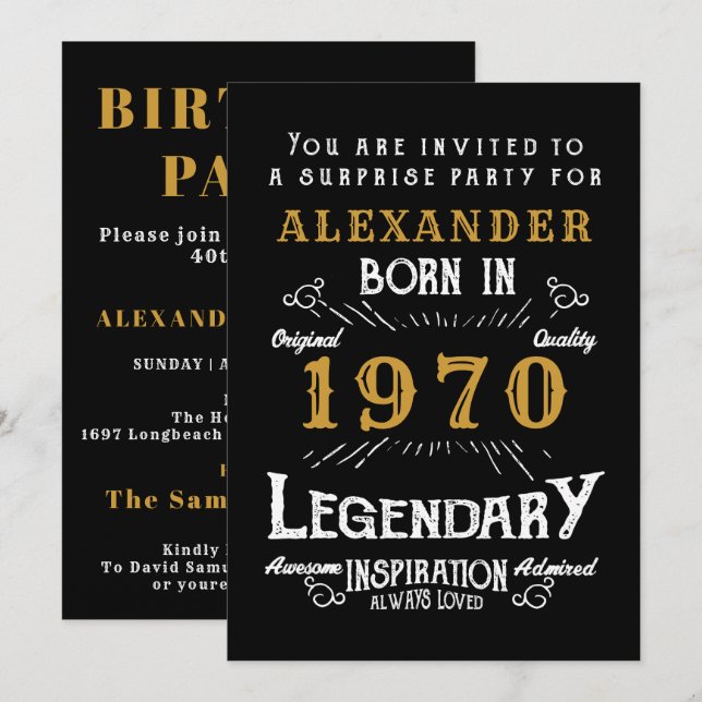 Invitation Personnalisé 1970 Anniversaire Black Gold Retro Le (Devant / Derrière)