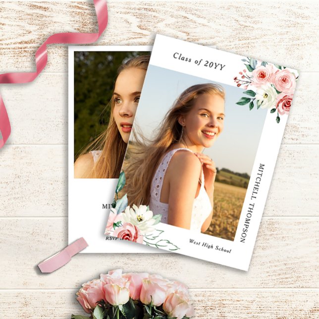 Invitation Personnalisé 2 Photo Blush Floral Graduation Invit (Créateur téléchargé)