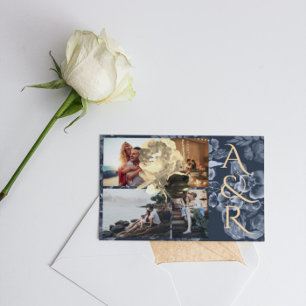 Invitation Personnalisé 4 Photos Marine Bleu Golden Floral Ma