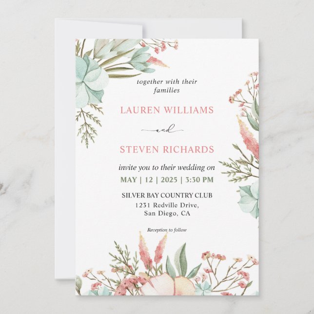 Invitation Personnalisé Blanc Vert rose Pastel Boho Mariage (Devant)