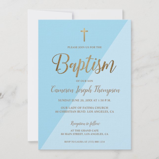Invitation Personnalisé Blue Hues Or Moderne Baptême Invitati (Devant)