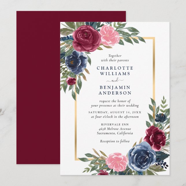 Invitation Personnalisé Burgundy Navy Blue Gold Floral (Devant / Derrière)