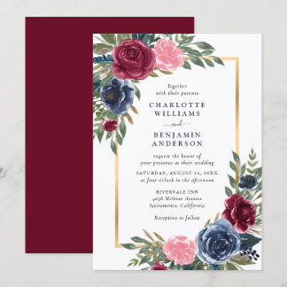 Invitation Personnalisé Burgundy Navy Blue Gold Floral