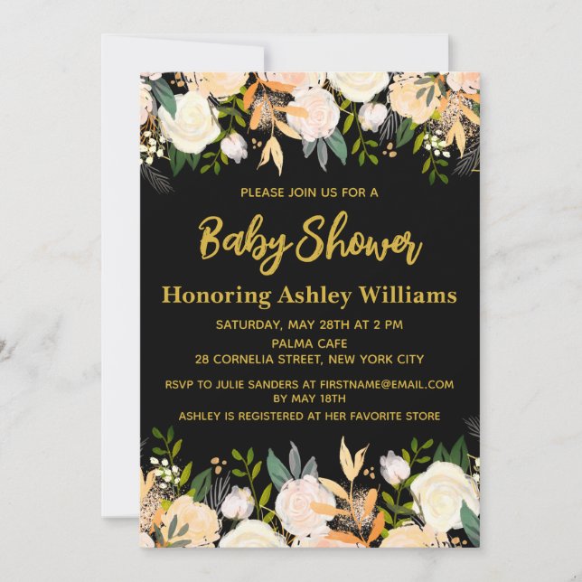 Invitation Personnalisé Chic Fille Noir & Or Baby shower Flor (Devant)