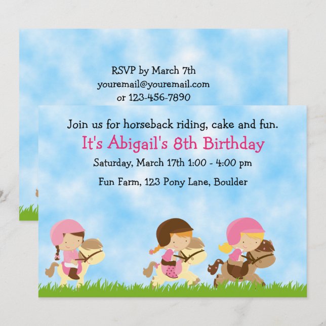 Invitation Personnalisé Cute Horseback équitation filles Anni (Devant / Derrière)