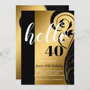 Invitation Personnalisé Elegant Noir Blanc & Or Hello 40 Part