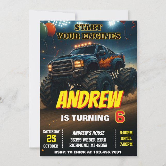 Invitation Personnalisé Monster Truck Cars garçons Fête d'ann (Devant)