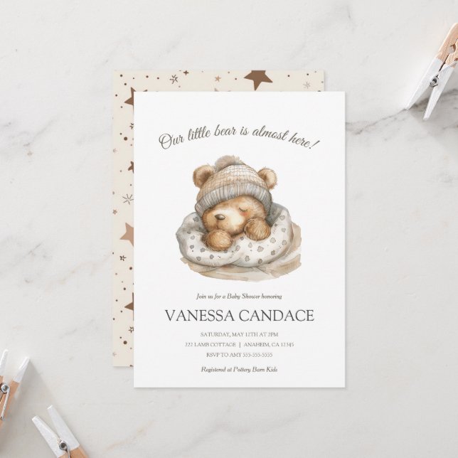 Invitation Personnalisé Neutre notre petit baby shower ours (Devant/Arrière en situation)