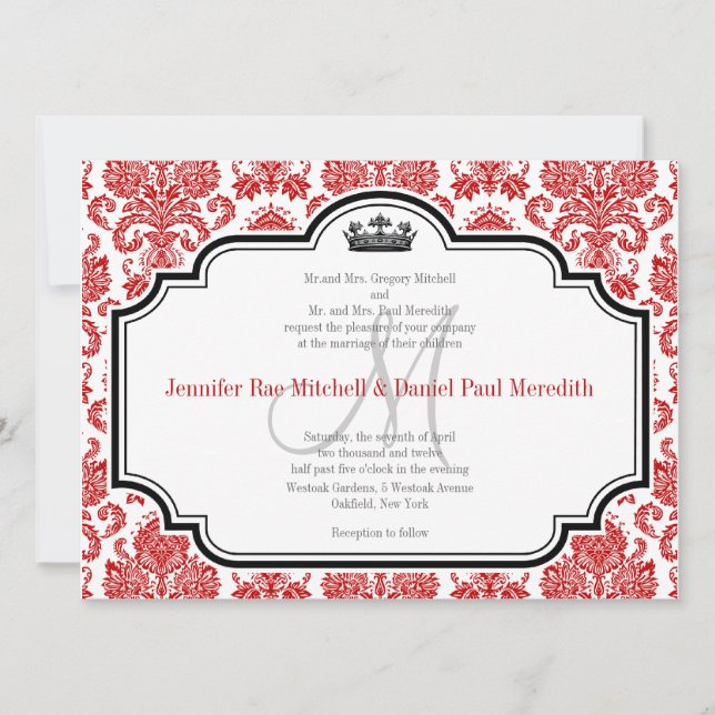 Invitation Personnalisé Rouge Damas Noir Blanc Mariage Invita (Devant)