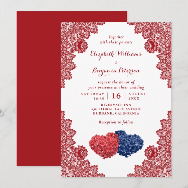 Invitation Personnalisé Rustic Navy Bleu Rouge Floral Mariage (Devant / Derrière)
