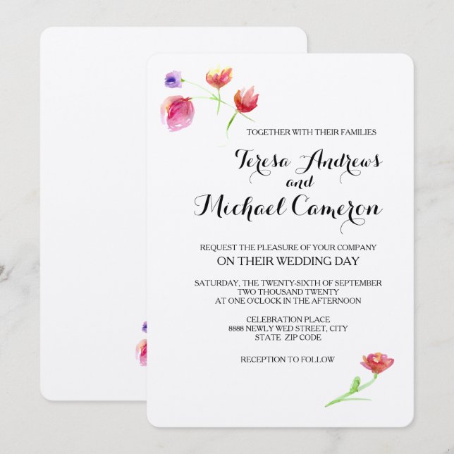 Invitation Personnalisé, Rustique, Fleur aquarelle, Mariage (Devant / Derrière)