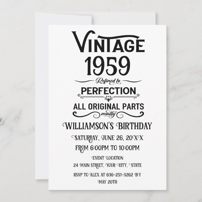 Invitation Personnalisé vintage 65e anniversaire cadeaux noir (Devant)