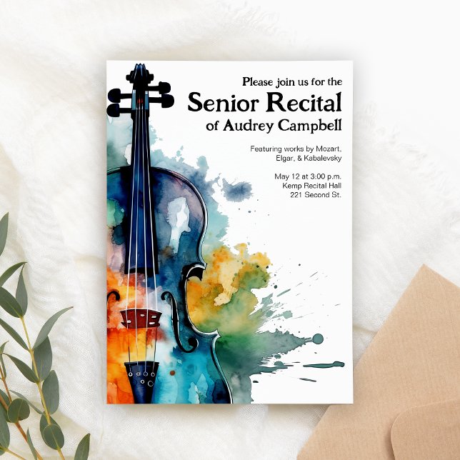 Invitation Personnalisé Violon Senior Considérant Musique Thè (Customizable recital invitation template for violin players.)