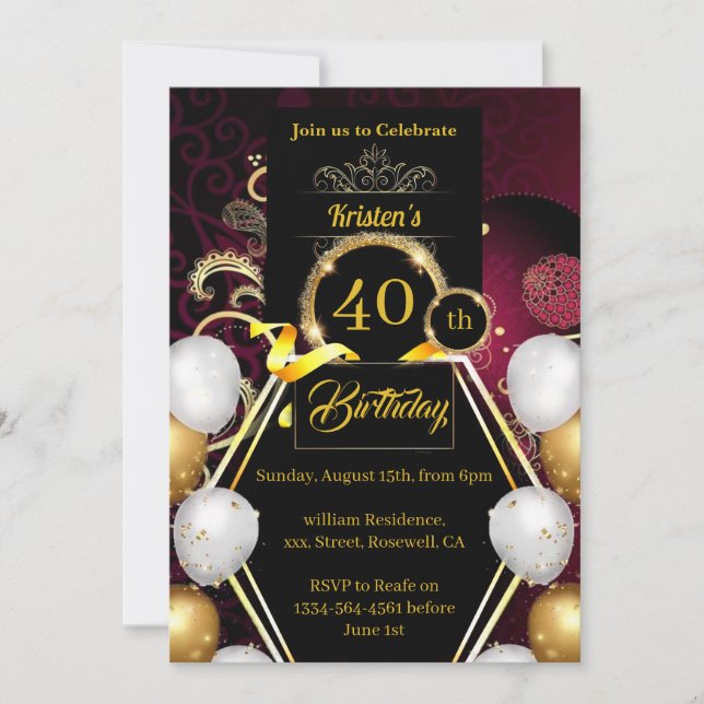Invitation personnalisée 40e anniversaire (Devant)