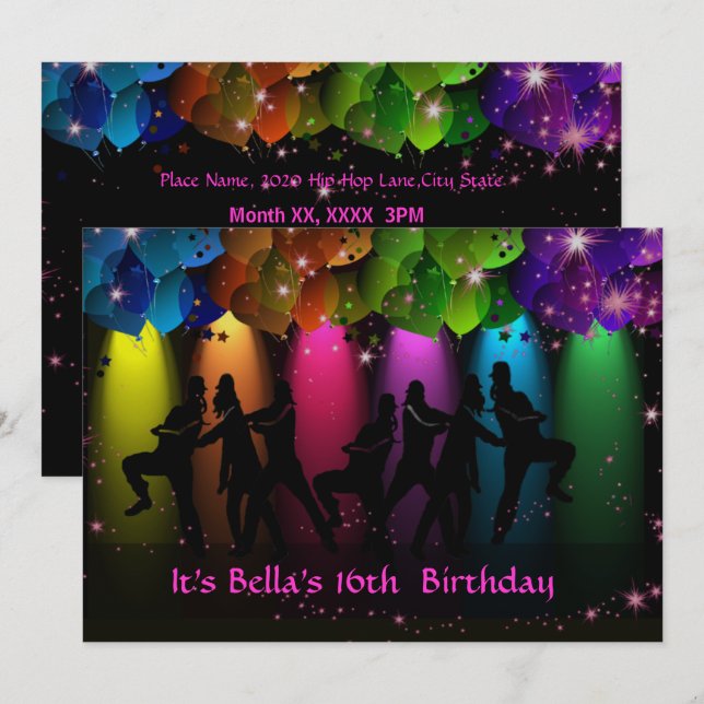 Invitation personnalisée pour fille Hip hop (Devant / Derrière)