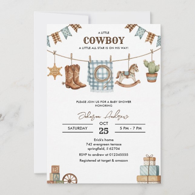 Invitation personnalisée pour une baby shower Cowb (Devant)
