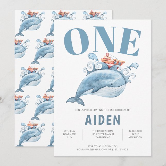 Invitation Personnalisée Première fête d'anniversaire Baleine (Devant / Derrière)