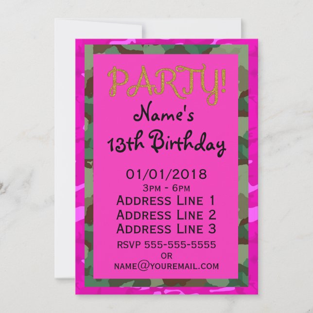 Invitation Personnaliser - Camo rose (Devant)