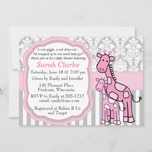 Invitation personnaliser de girafe rose pour bébé (Devant)