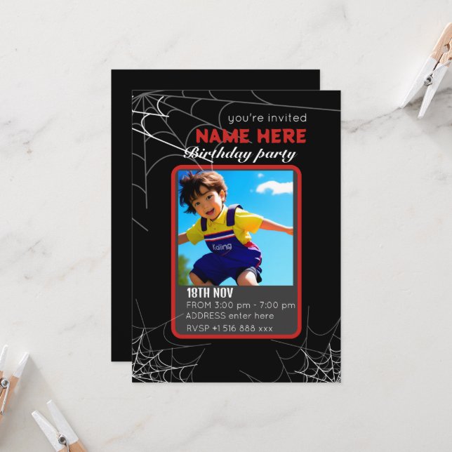 Invitation Personnaliser l'anniversaire de l'araignée (Devant/Arrière en situation)