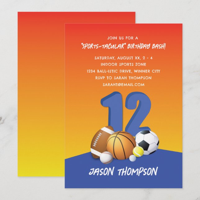 Invitation Personnalisez Boy 12e anniversaire des balles de s (Devant / Derrière)