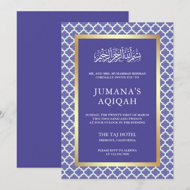 Invitation Pervenche Motif Quatrefoil Marocain Aqiqah (Devant / Derrière)